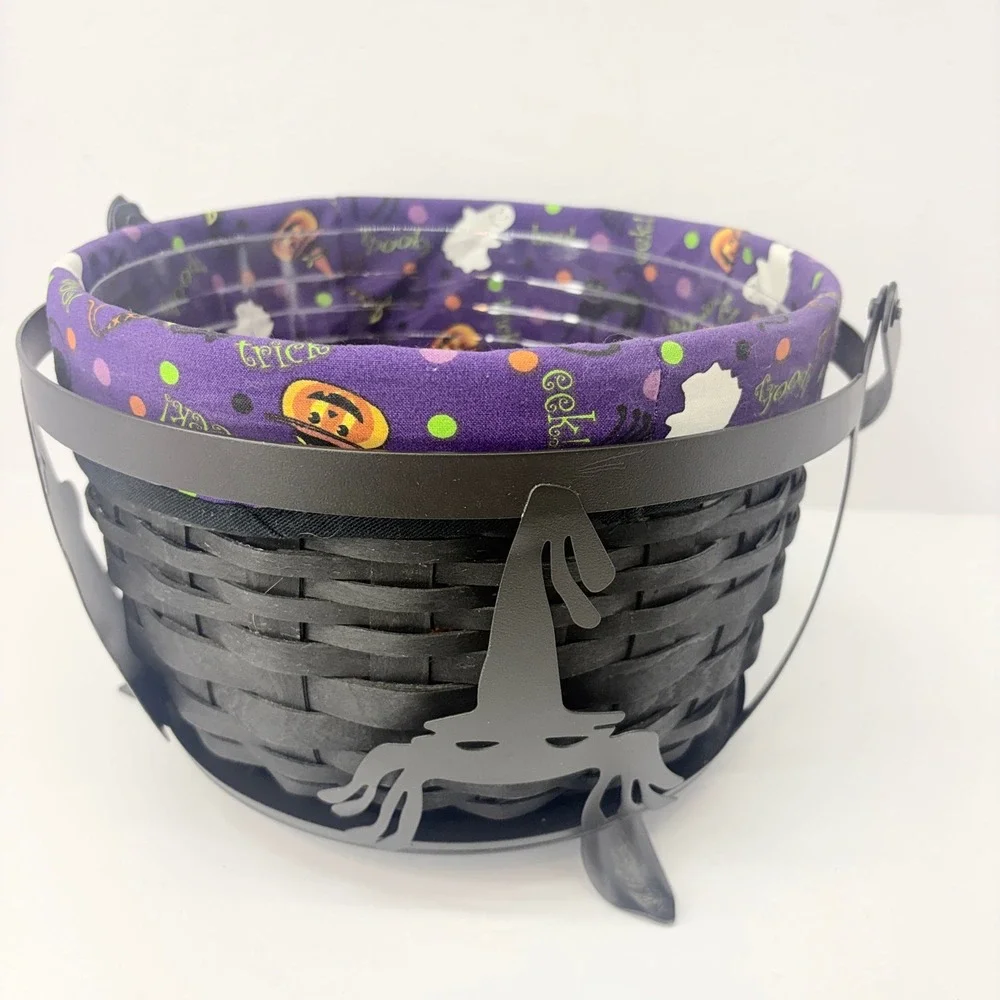 Longaberger Large Cauldron Basket Set Black Wrought Iron Holder Liner Protector